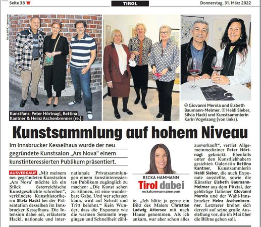 Tiroler Kronenzeitung Ausstellung Kunstsalon ARS NOVA März 2022