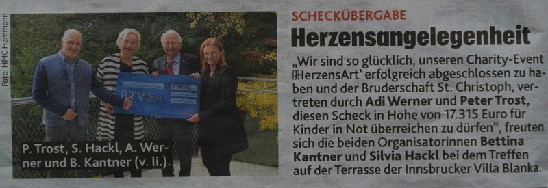 Tiroler Kronenzeitung  #herzensArt Charity Event Oktober 2020 Scheckübergabe